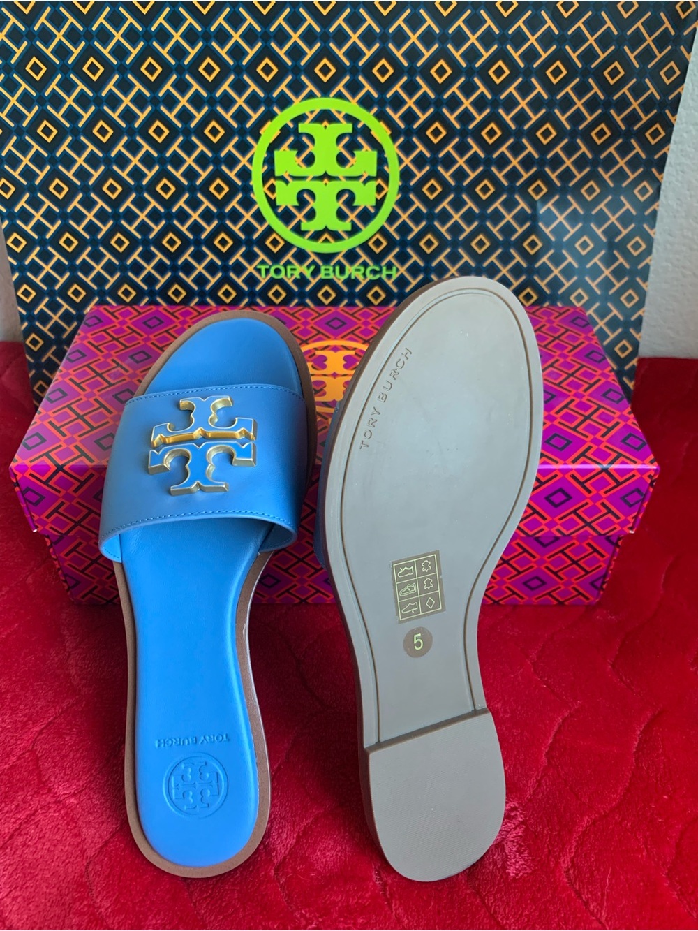 Tory Burch Blue Slide Sandals with Gold Logo - Picture 4 of 6